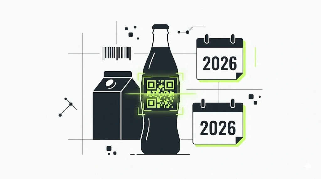 Сканирование QR-кода на бутылке, баркод и календари с датой 2026