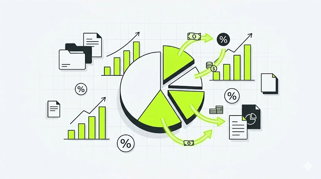 Диаграммы, графики роста, проценты и финансовые документы на светлом фоне