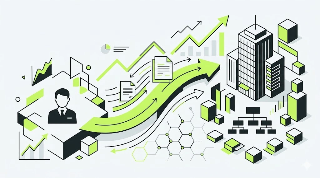 Бизнесмен, графики роста, документы, стрелки и здание офисного центра