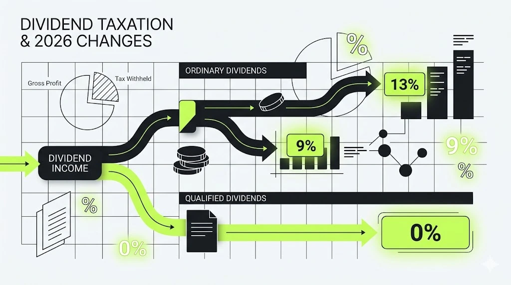 Инфографика о налогообложении дивидендов: обычные — 9–13%, квалифицированные — 0%, изменения 2026 года.