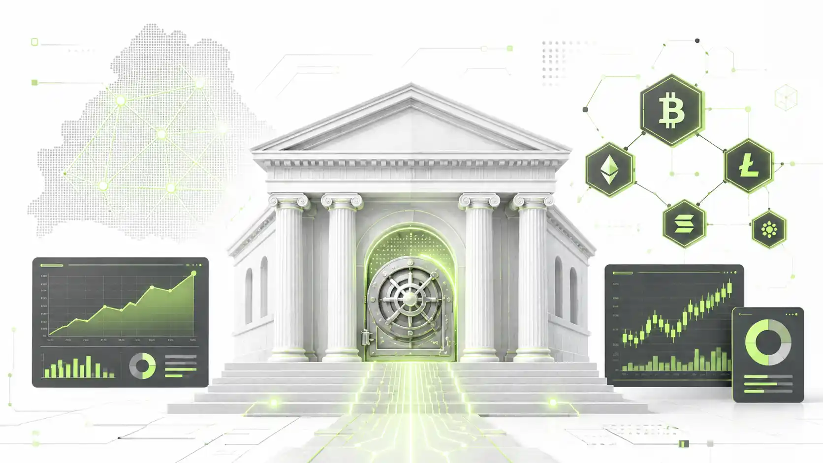 Банк с криптовалютными символами Bitcoin, Ethereum, Solana и финансовыми графиками