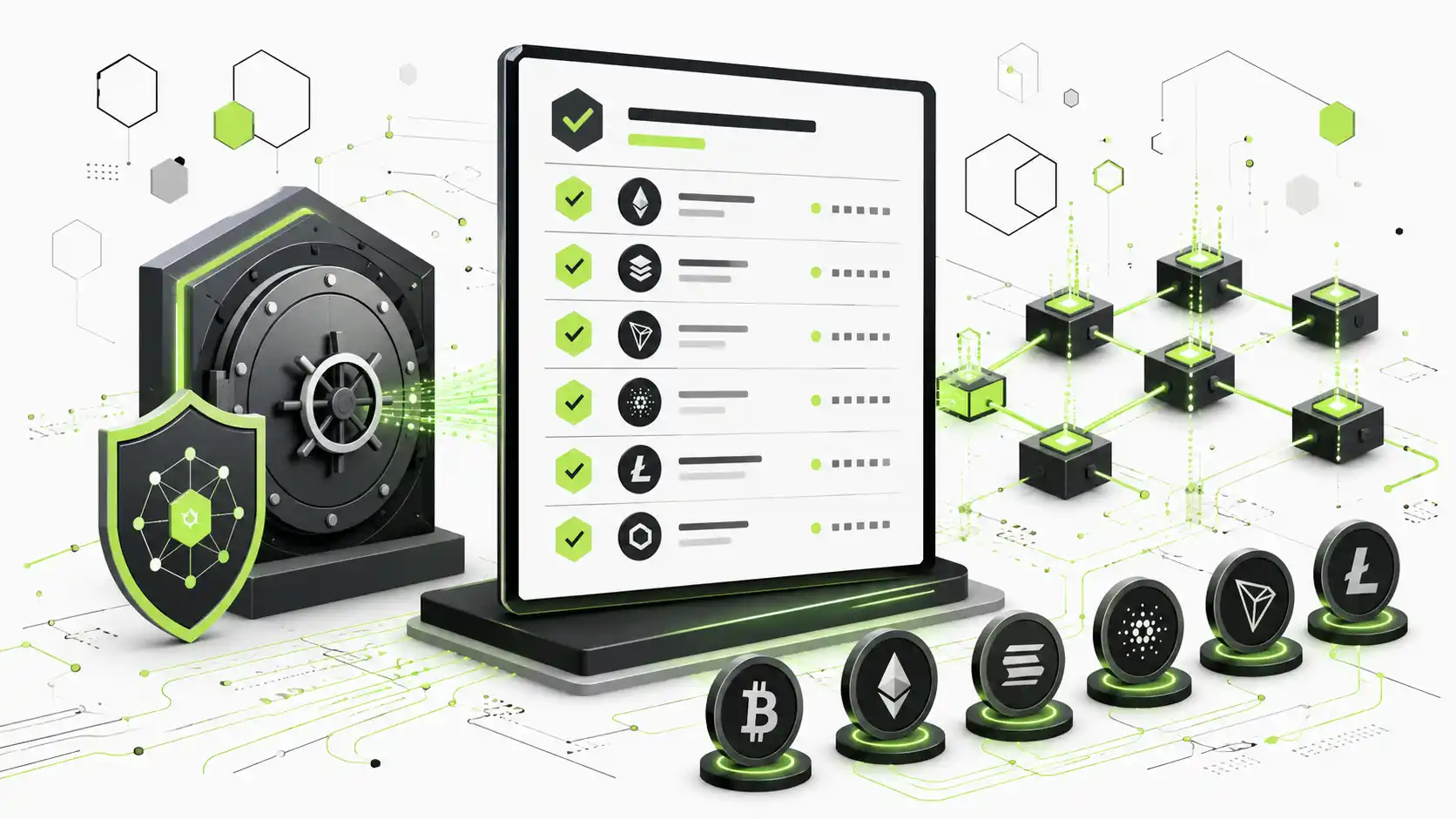 Список криптовалют с галочками, сейф, блокчейн-сеть и монеты Bitcoin, Ethereum, Solana