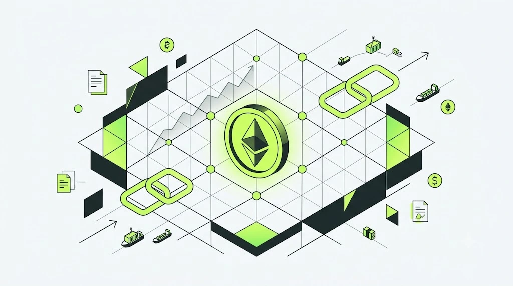 Монета Ethereum на фоне блокчейн-сети с иконками документов и транзакций